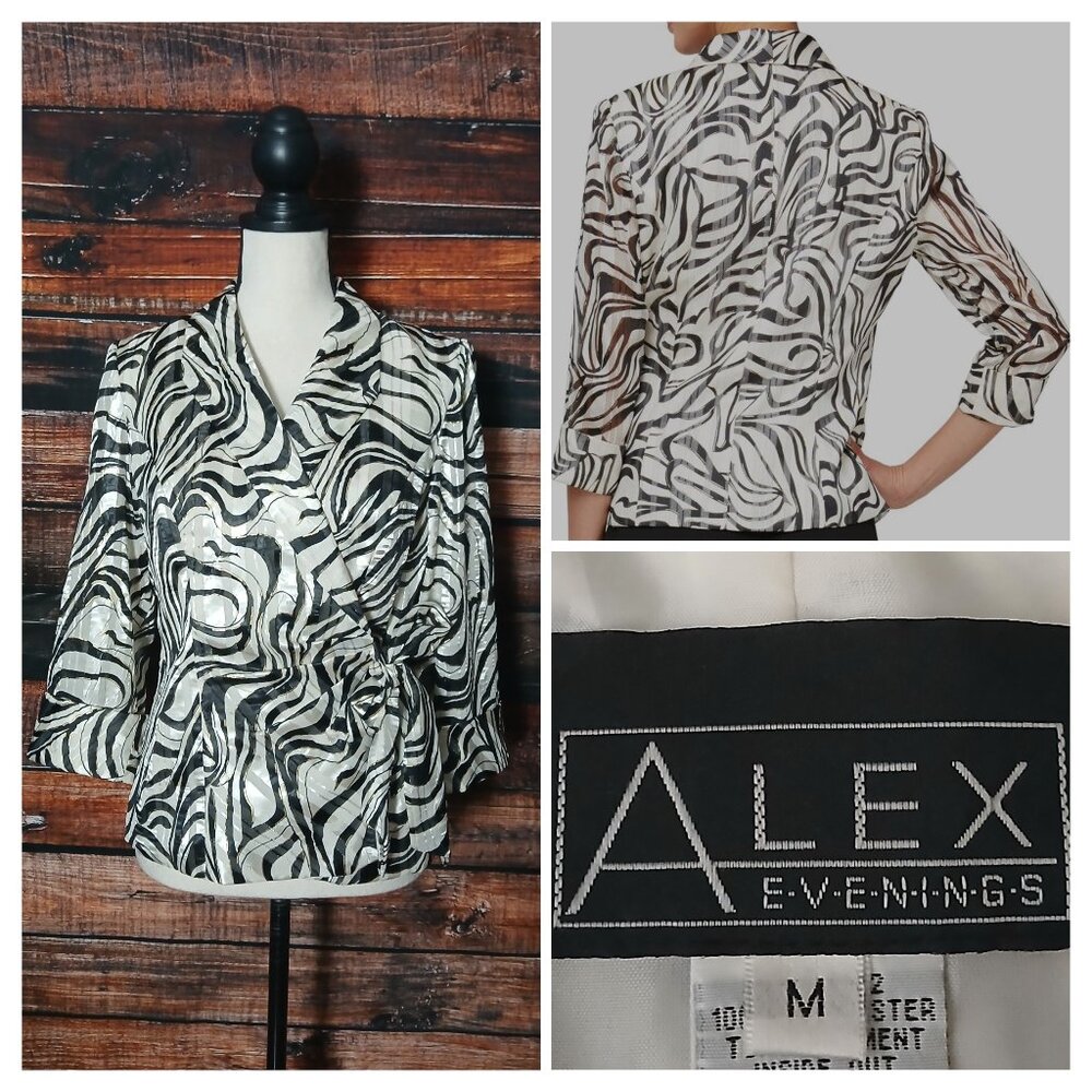 Alex Evenings Jacket M Wrap Tie Front 3/4 Length Cuffed Sleeves Metallic